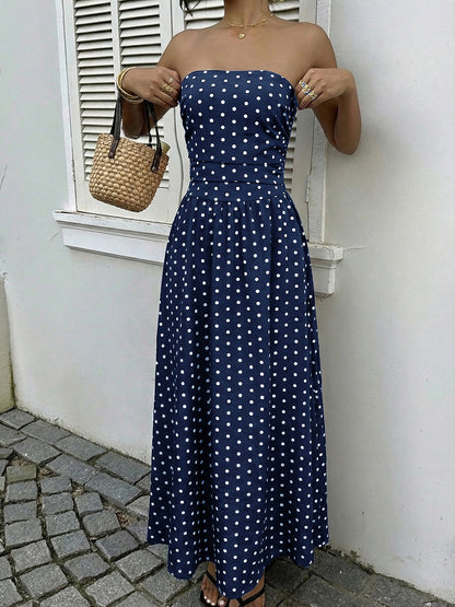 French-style elegant polka dot printed dress with sleeveless, plunging neckline and fitted waist for women