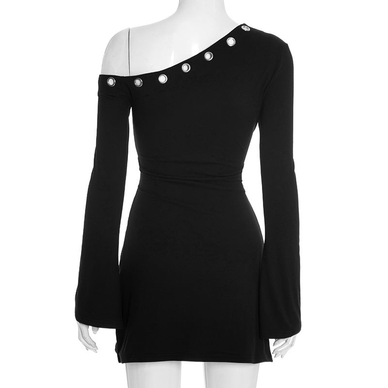 Women's Autumn/Winter Solid Color Slant Collar Openwork Circular Ring Ruffled Long-Sleeved Sleeveless Dress with Shoulder Exposure