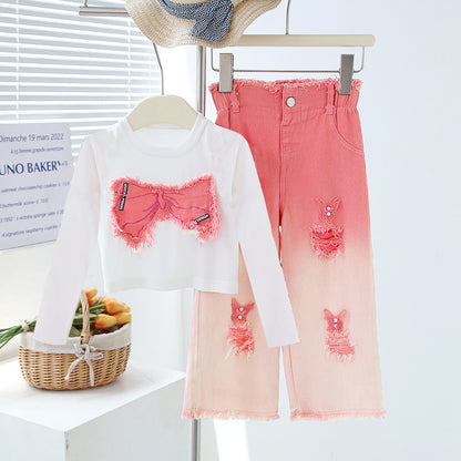 Girls' Summer Set - Two-Piece Set of Sleeveless Hole-Punched Denim Pants for Ages 4-12 - Summer Dress for Girls