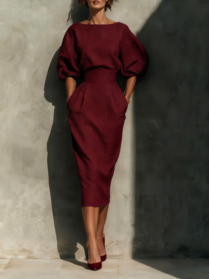 Spring/Summer style elegant boat-neck A-line skirt with puff sleeves top paired with high-waisted pleated half-skirt perfectly showcases retro style.