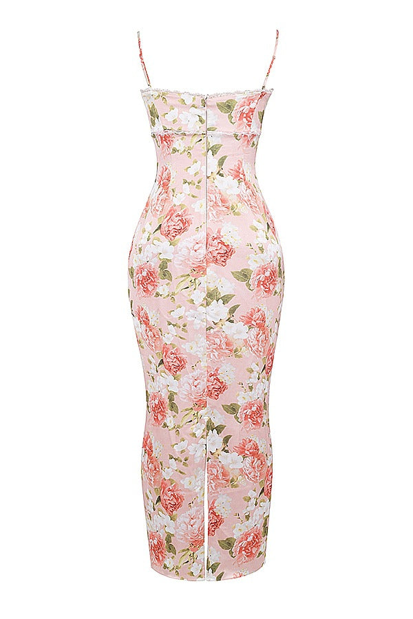 Lace fabric with milk silk texture, pleated at the bust, long and form-fitting dress with floral print on the front.