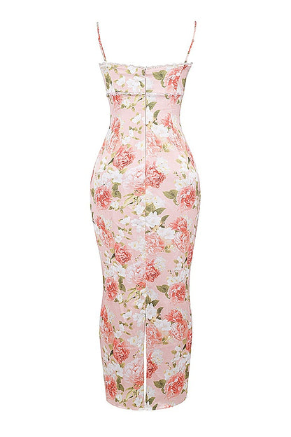 Lace fabric with milk silk texture, pleated at the bust, long and form-fitting dress with floral print on the front.
