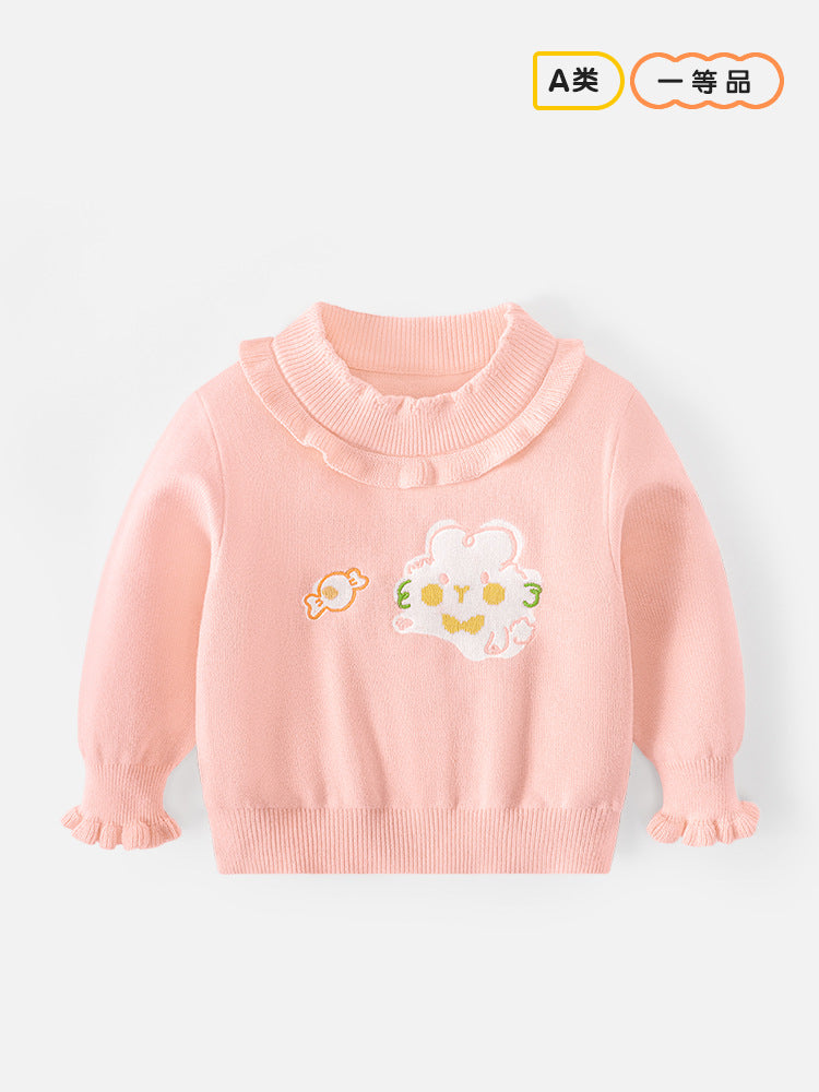 Cute little rabbit sweater for girls with cartoon-style embroidery and fringed edges. Round-neck pullover. New style. Stylish children's base layer sweater.