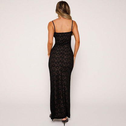 Strapless deep V lace sheer dress with European-style fitted bust and hip design, pure color, backless, sexy long dress