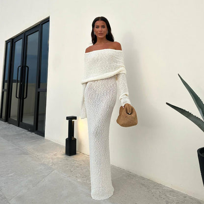 Long dress feminine backless V-neck knitted beach skirt for seaside vacation turtleneck dress