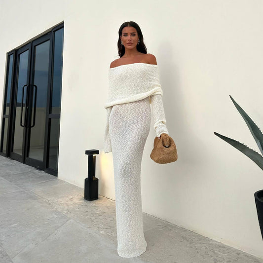 Long dress feminine backless V-neck knitted beach skirt for seaside vacation turtleneck dress
