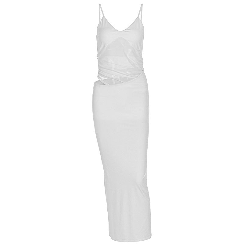 Net fabric seaside vacation long dress with stretch and figure-hugging design for women, featuring a sexy halter top and a one-piece style.