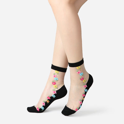 Fashion floral pattern series crystal silk stockings mid-calf women's stockings transparent glass silk with cotton bottom manufacturer