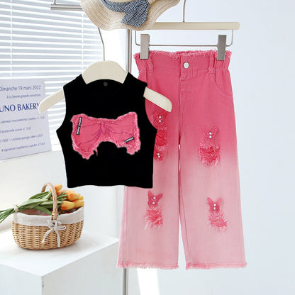 Girls' Summer Set - Two-Piece Set of Sleeveless Hole-Punched Denim Pants for Ages 4-12 - Summer Dress for Girls