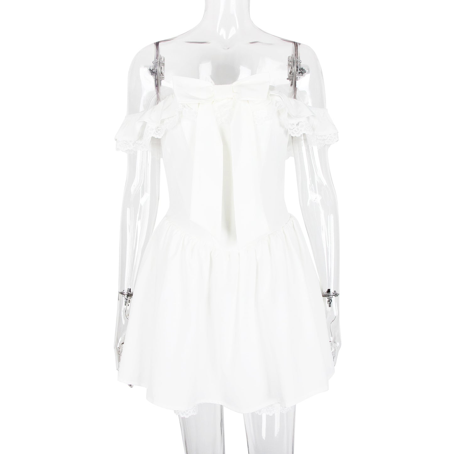 Women's fishbone pure desire white dress, sexy V-neck with bow tie at the waist, backless, revealing white dress.