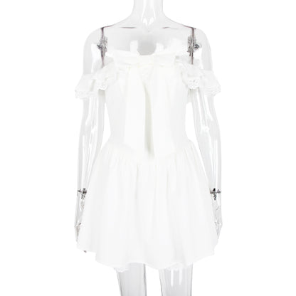 Women's fishbone pure desire white dress, sexy V-neck with bow tie at the waist, backless, revealing white dress.