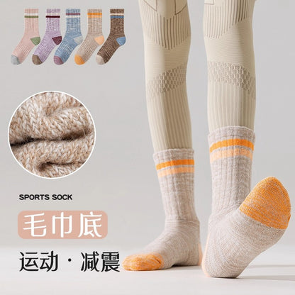 Winter and autumn heat-retaining wool warm double-bar mid-length women's socks, thick and lightweight sports towel bottom socks, children's and teenagers' versions