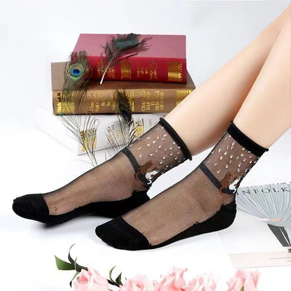 Glass fiber stockings - Children's rose flower sweet anti-slip cotton bottom stockings - Transparent mid-calf women's low-top trendy cotton stockings