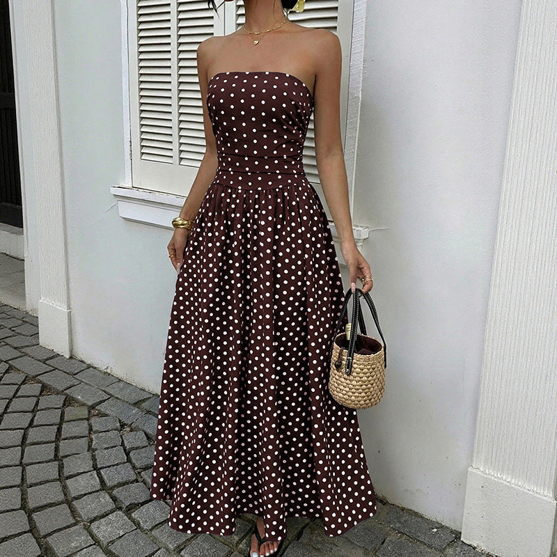 French-style elegant polka dot printed dress with sleeveless, plunging neckline and fitted waist for women