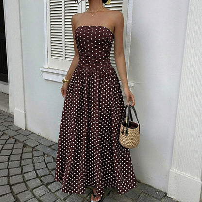 French-style elegant polka dot printed dress with sleeveless, plunging neckline and fitted waist for women