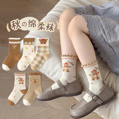 新款女童袜子春秋森系藏青碎花中筒袜日系花边蝴蝶结公主袜儿童袜