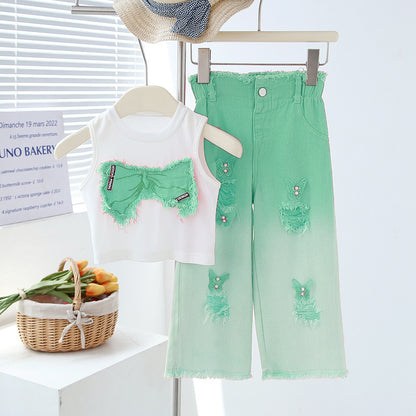 Girls' Summer Set - Two-Piece Set of Sleeveless Hole-Punched Denim Pants for Ages 4-12 - Summer Dress for Girls