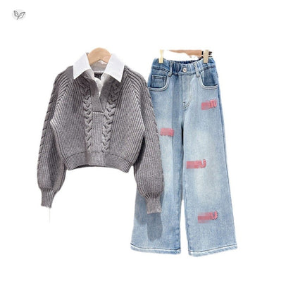 2025 New Style Girls' Autumn/Winter Suit: Stylish Korean Style Casual Knitted Sweater with Fashionable Embroidered Jeans