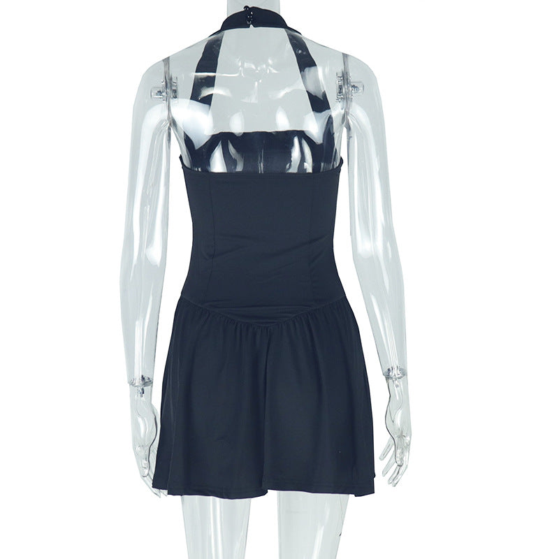 Women's trendy fashion solid-color dress with sexy straps, V-neck, sleeveless, backless A-line skirt