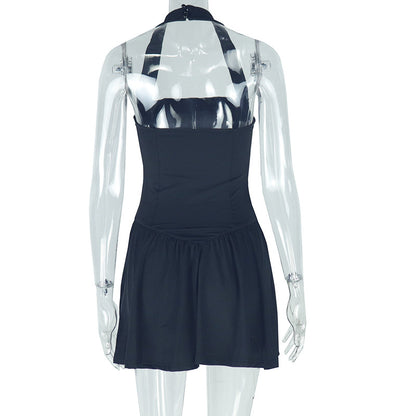 Women's trendy fashion solid-color dress with sexy straps, V-neck, sleeveless, backless A-line skirt