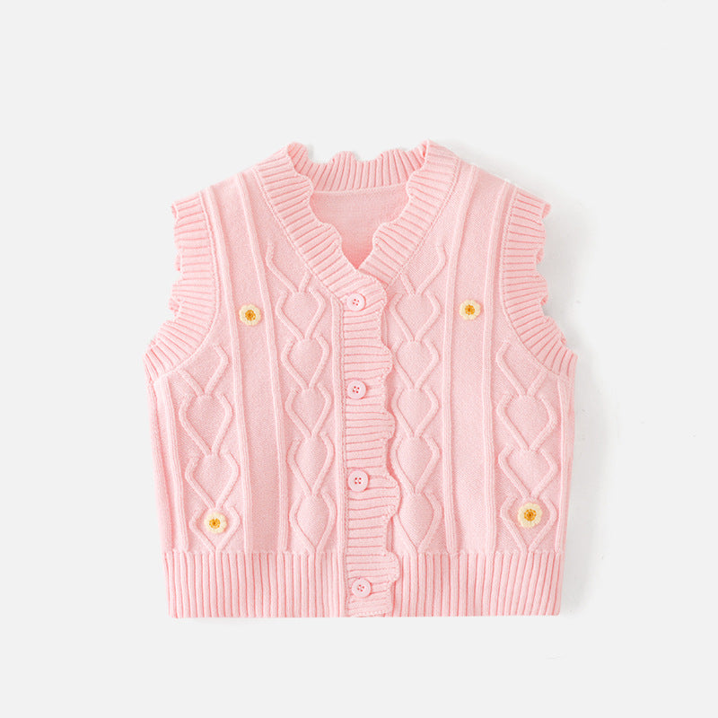 Girls' V-neck blazer made of A-grade cotton, with cartoonish knitted top, suitable for spring and autumn, a warm sweater for girls, girls' coat