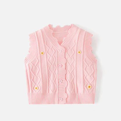 Girls' V-neck blazer made of A-grade cotton, with cartoonish knitted top, suitable for spring and autumn, a warm sweater for girls, girls' coat