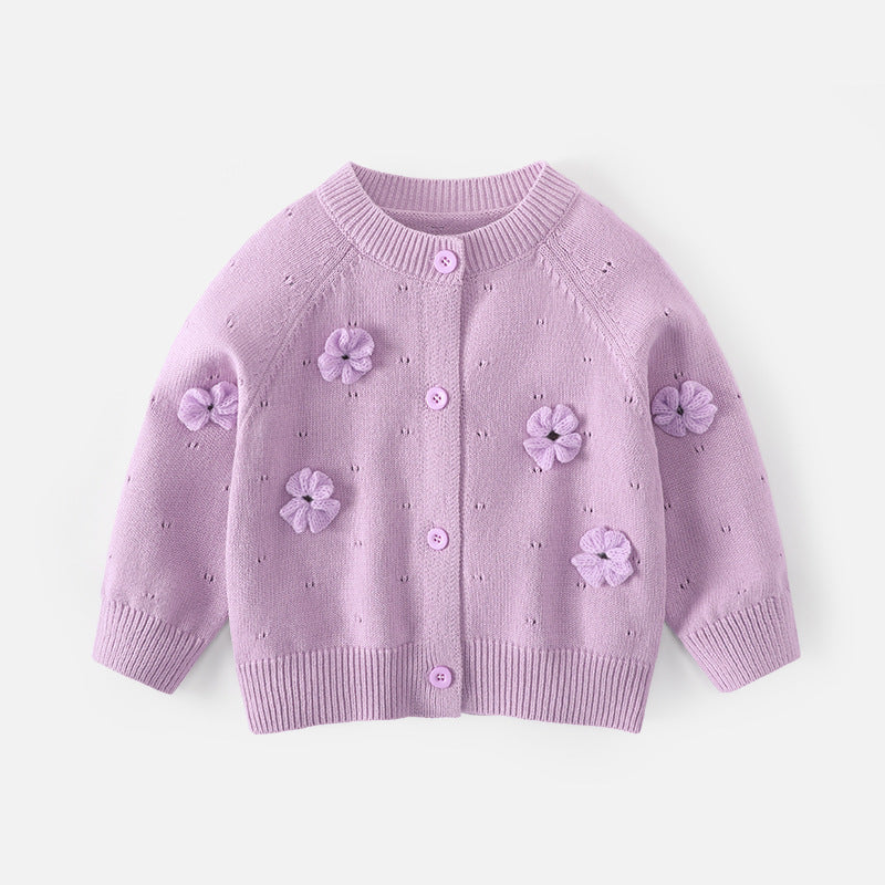Girls' sweater cardigan princess three-dimensional flower round-neck knitted cotton coat pure color cotton outerwear baby girl A-class sweater
