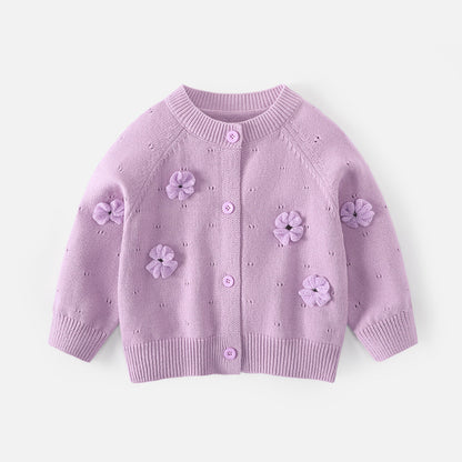 Girls' sweater cardigan princess three-dimensional flower round-neck knitted cotton coat pure color cotton outerwear baby girl A-class sweater
