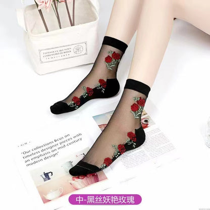 Glass fiber stockings - Children's rose flower sweet anti-slip cotton bottom stockings - Transparent mid-calf women's low-top trendy cotton stockings