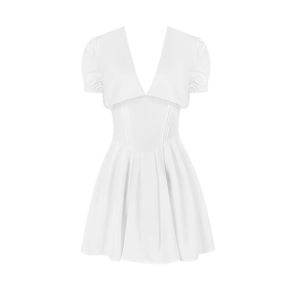 Sexy V-neck, puff sleeves, lace trim, bow, waistline, slimming effect - women's dress.