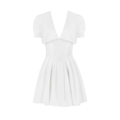 Sexy V-neck, puff sleeves, lace trim, bow, waistline, slimming effect - women's dress.