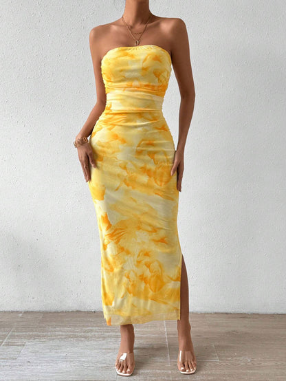 Women's TK net mesh printed dress - Spring/Summer new style, high waist, fitted, slit at the hem, racerback, full skirt