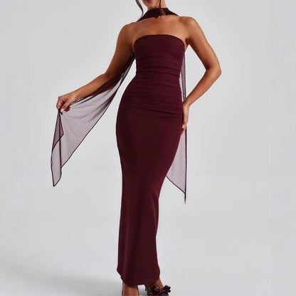 Winter and autumn silk scarf strapless figure-hugging form-fitting women's long dress with a back slit and full skirt