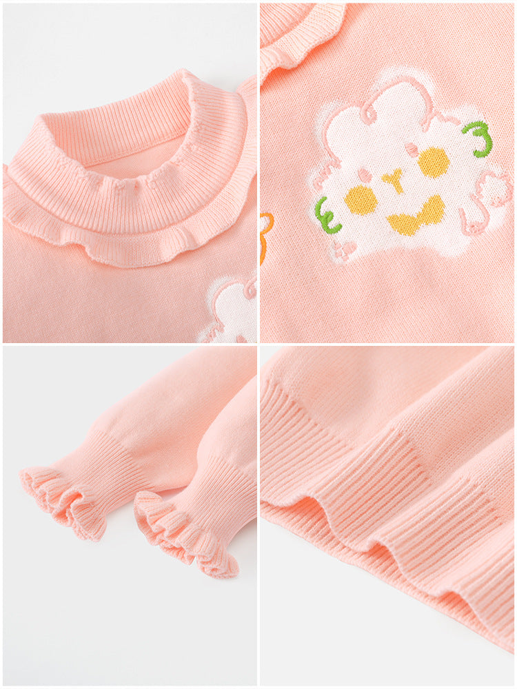 Cute little rabbit sweater for girls with cartoon-style embroidery and fringed edges. Round-neck pullover. New style. Stylish children's base layer sweater.
