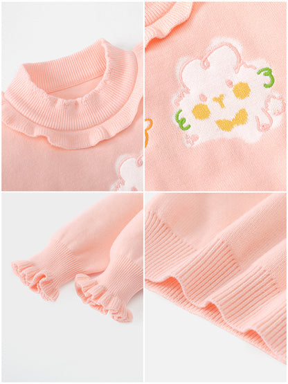 Cute little rabbit sweater for girls with cartoon-style embroidery and fringed edges. Round-neck pullover. New style. Stylish children's base layer sweater.