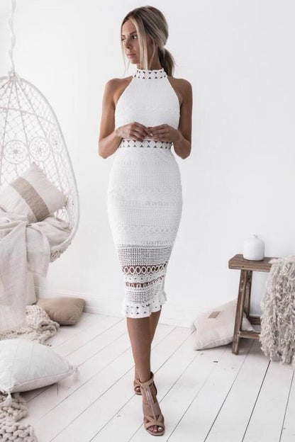 Lace Lady's mid-length dress with sleeveless design, fitted and sexy, elegant women's clothing