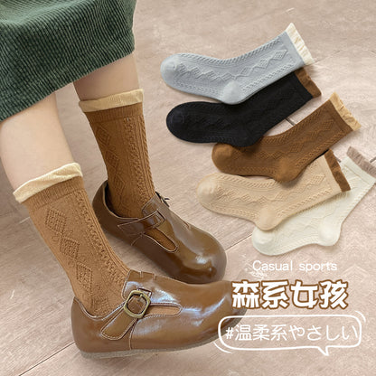 女童袜子春秋森系美拉德中筒袜日系花边蝴蝶结公主袜儿童袜子