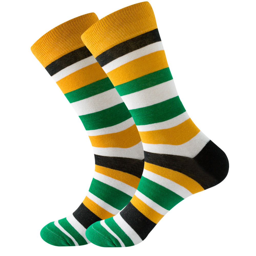 The same style striped men's and women's socks, trendy and colorful, for street wear, featuring a bold and unique design in mid-calf length.