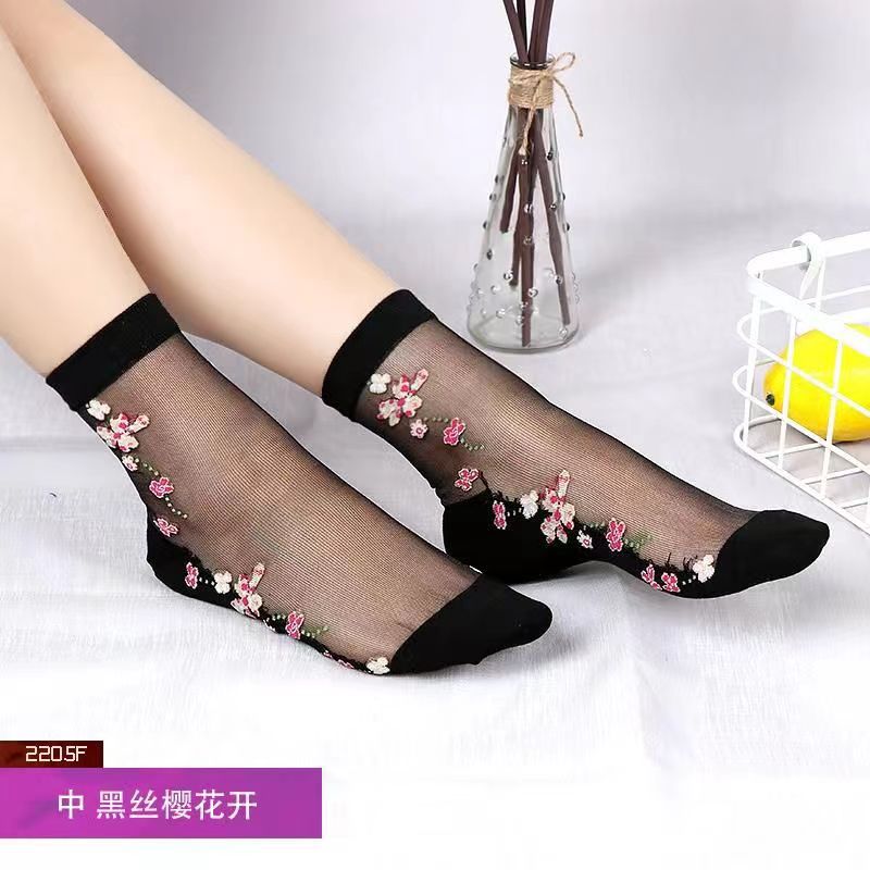 Glass fiber stockings - Children's rose flower sweet anti-slip cotton bottom stockings - Transparent mid-calf women's low-top trendy cotton stockings