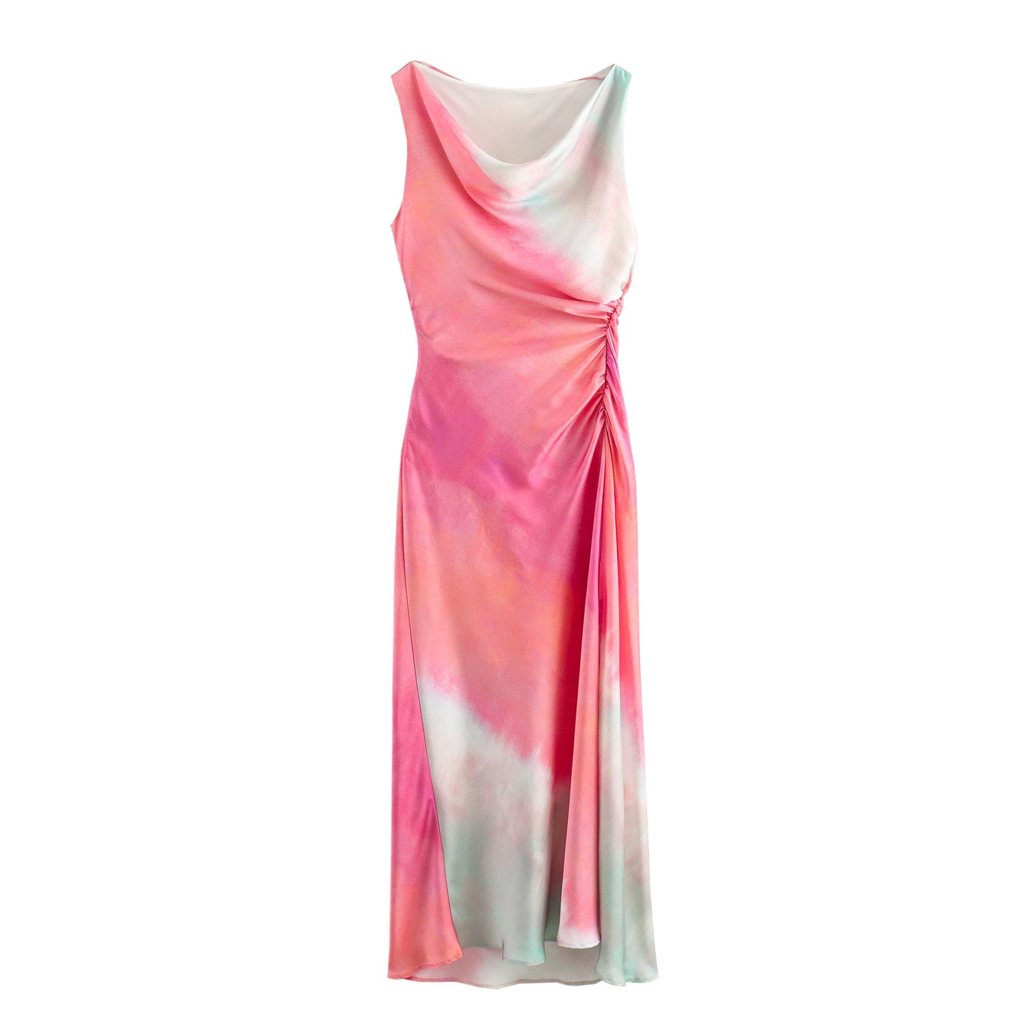 Summer women's dress with tie-dye printed satin fabric, sleeveless, pleated, fitted, and with a flared silhouette