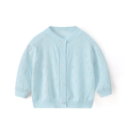 Spring and Summer Baby Lightweight Knitted Cardigan - Air Conditioner Protection Cooling Suit - Class A Cotton Long-Sleeved Children's Solid Color Breathable Round Collar Coat
