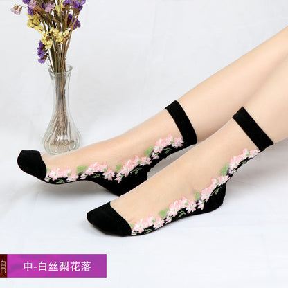Fashion floral pattern series crystal silk stockings mid-calf women's stockings transparent glass silk with cotton bottom manufacturer