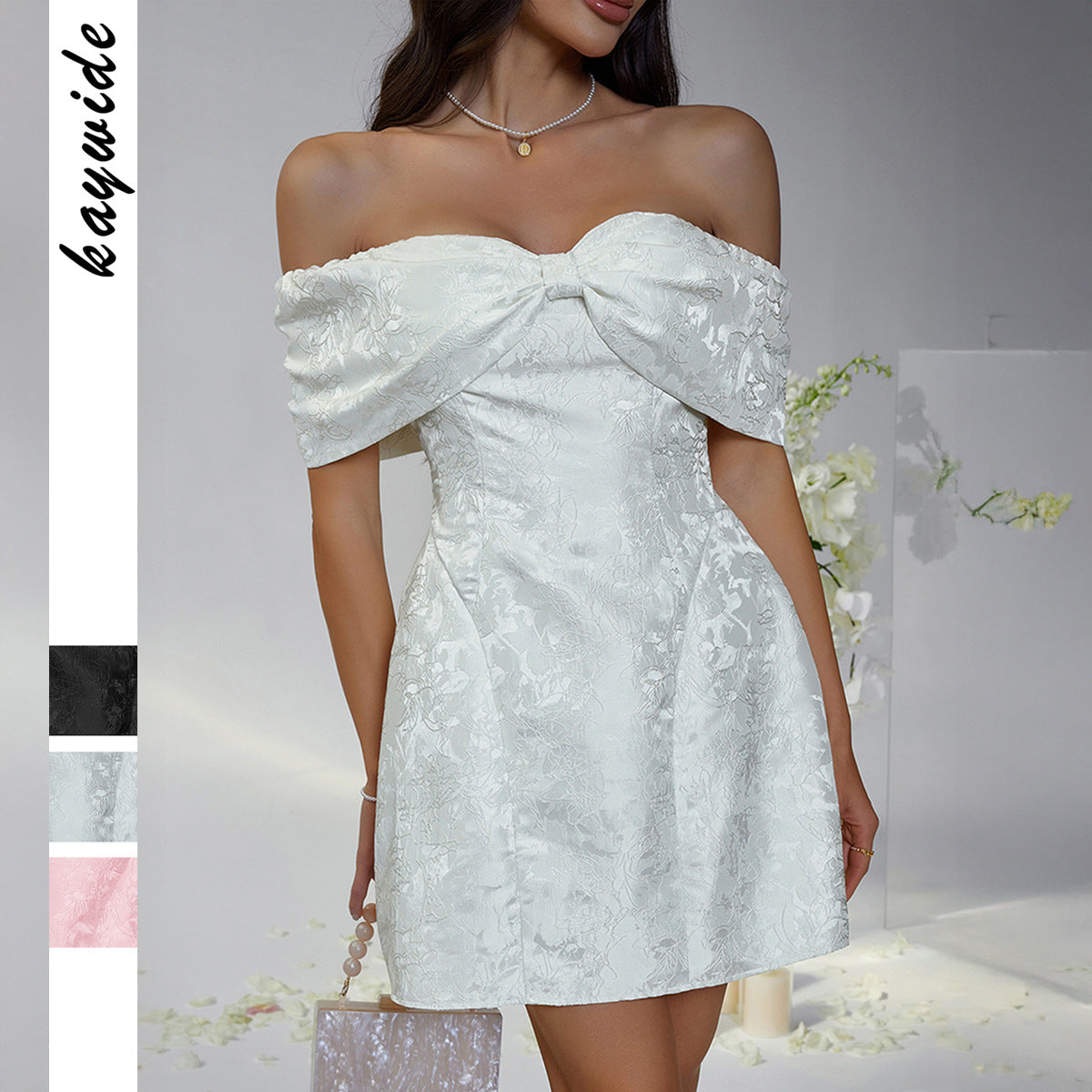 Party evening dress with a bow-shaped ruffled top and a full skirt, suitable for spring and summer seasons.