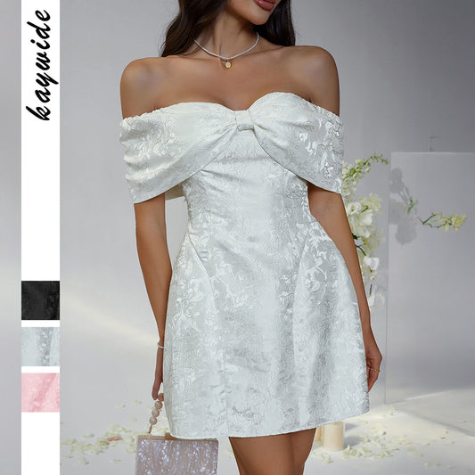 Party evening dress with a bow-shaped ruffled top and a full skirt, suitable for spring and summer seasons.