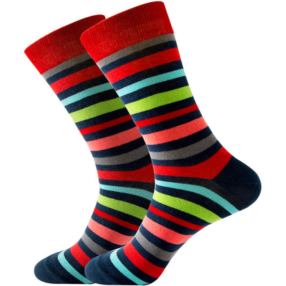 The same style striped men's and women's socks, trendy and colorful, for street wear, featuring a bold and unique design in mid-calf length.