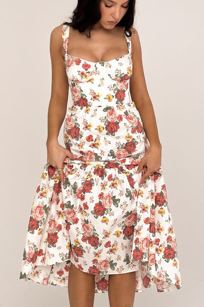 Women's sleeveless bandeau halter top with lace and solid color mid-length spicy style dress with floral pattern cake-shaped A-line skirt