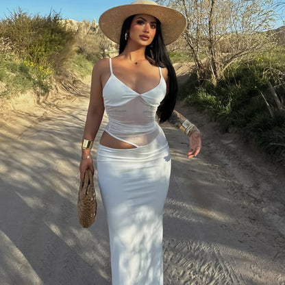 Summer new style net fabric beach vacation long dress with elastic waist and figure-hugging women's sexy halter top dress