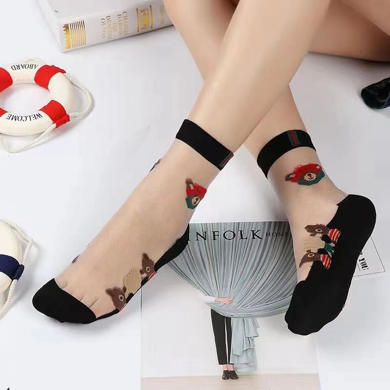 Glass fiber stockings - Children's rose flower sweet anti-slip cotton bottom stockings - Transparent mid-calf women's low-top trendy cotton stockings