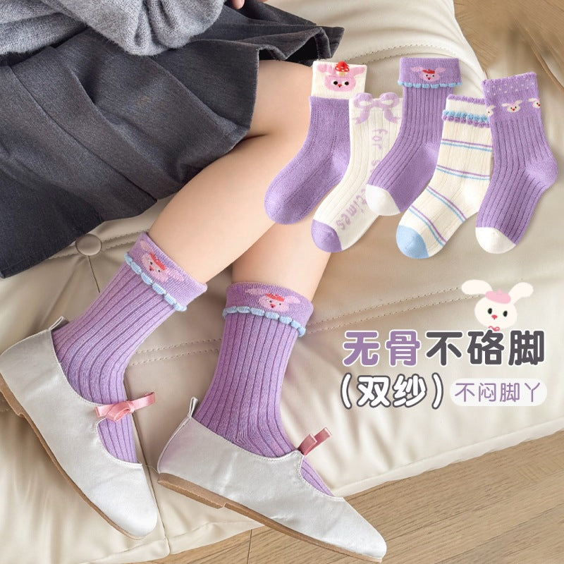 新款女童袜子春秋森系藏青碎花中筒袜日系花边蝴蝶结公主袜儿童袜