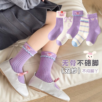 新款女童袜子春秋森系藏青碎花中筒袜日系花边蝴蝶结公主袜儿童袜